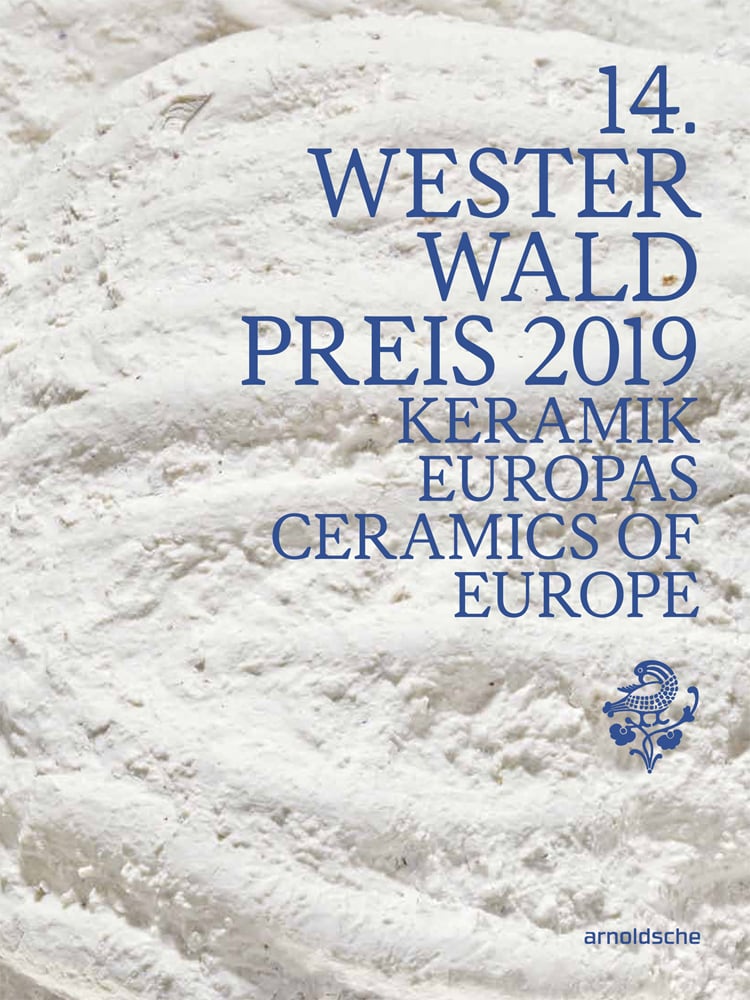 Close up photo of a white textured ceramic surface and 14th Westerwald Preis 2019 Kermik Europas Ceramics of Europe in blue capitals letters