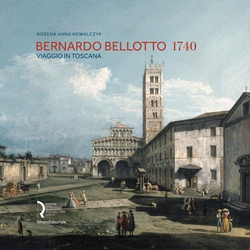 The Piazza San Martino, Lucca landscape painting by Bernardo Bellotto, BERNARDO BELLOTTO 1740 in red font above.