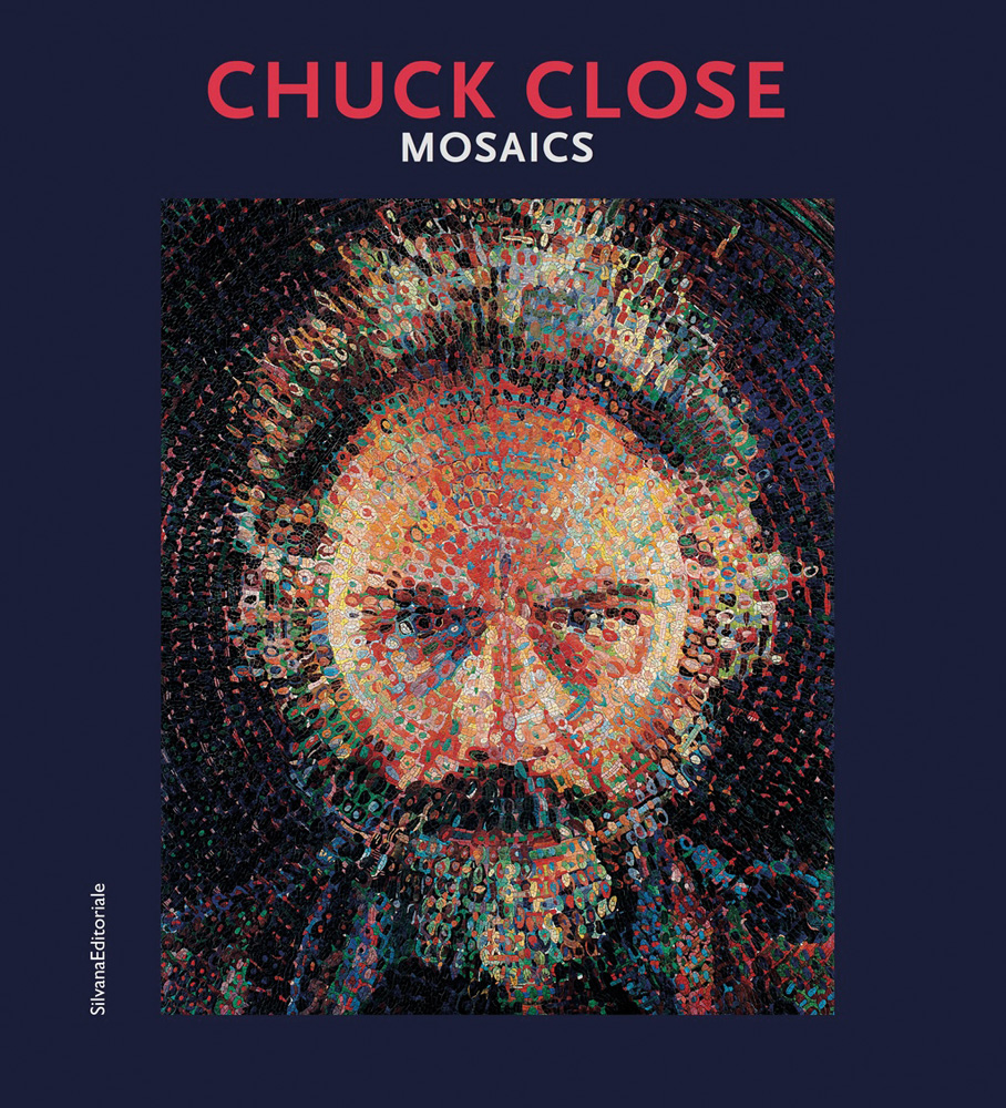 Photorealist painting Lucas Ii, 1987 by Chuck Close, on navy cover, CHUCK CLOSE MOSAICS in red and white font above.