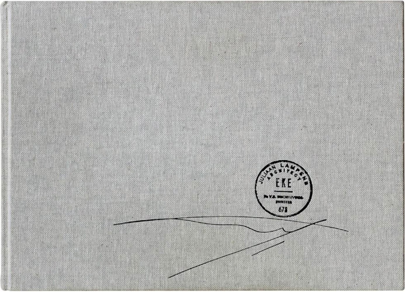 Line sketch resembling landscape, on grey cover, JULIAAN LAMPENS in black circle stamp above.
