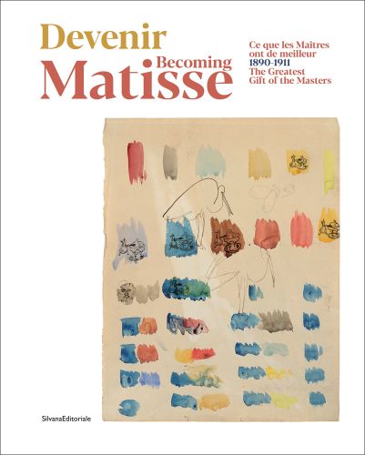 Beige sheet of paper with watercolour paint marks and sketches on white cover, Becoming Matisse in coral font above