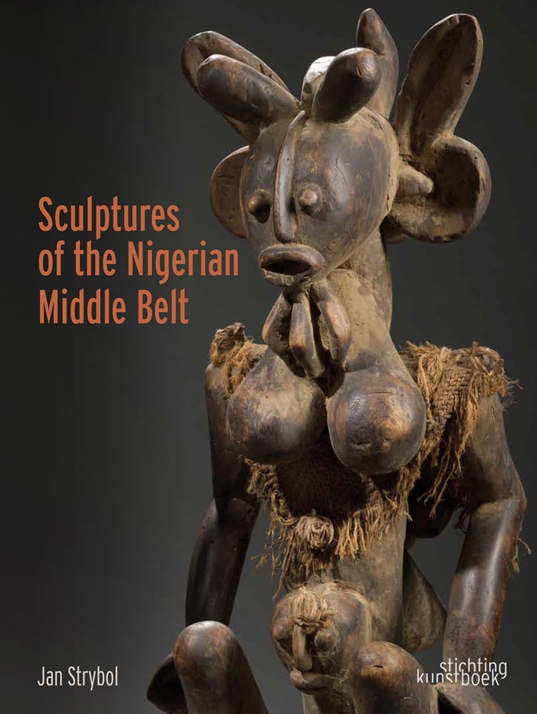 Wood sculpture of African figure, grey cover, Sculptures of the Nigerian Middle Belt in orange font to upper left.