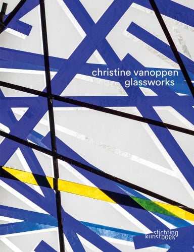 Blue white and yellow abstract geometric glasswork, christine vanoppen glassworks in white font to upper right.