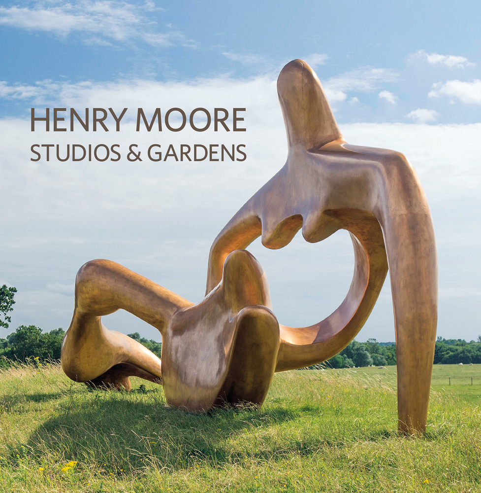 Abstract bronze sculpture, Large Reclining Figure by Henry Moore, in open landscape, HENRY MOORE STUDIOS & GARDENS in bronze font to upper left.