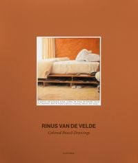 Color drawing of unmade bed, on tan brown cover of 'Rinus Van de Velde', by Hannibal Books.