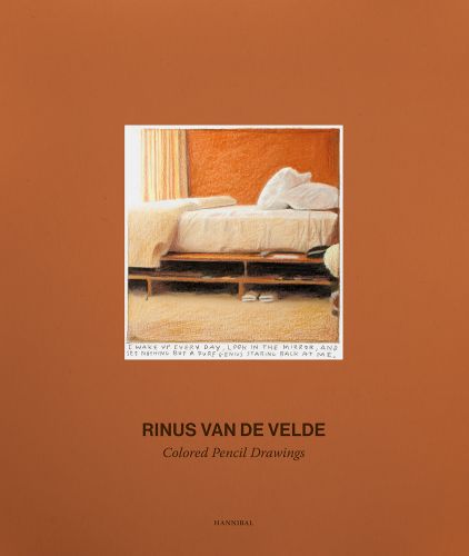 Colour drawing of unmade bed, on tan brown cover of 'Rinus Van de Velde', by Hannibal Books.