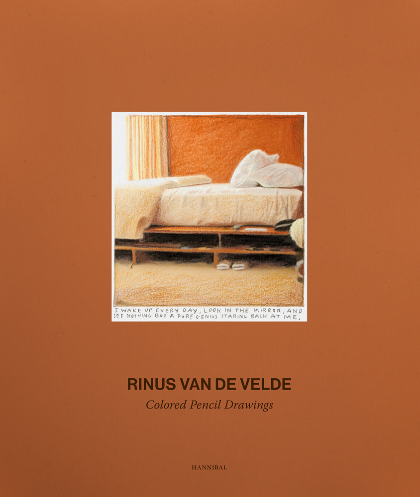 Colour drawing of unmade bed, on brown cover, RINUS VAN DE VELDE Coloured Pencil Drawings in dark brown font below.