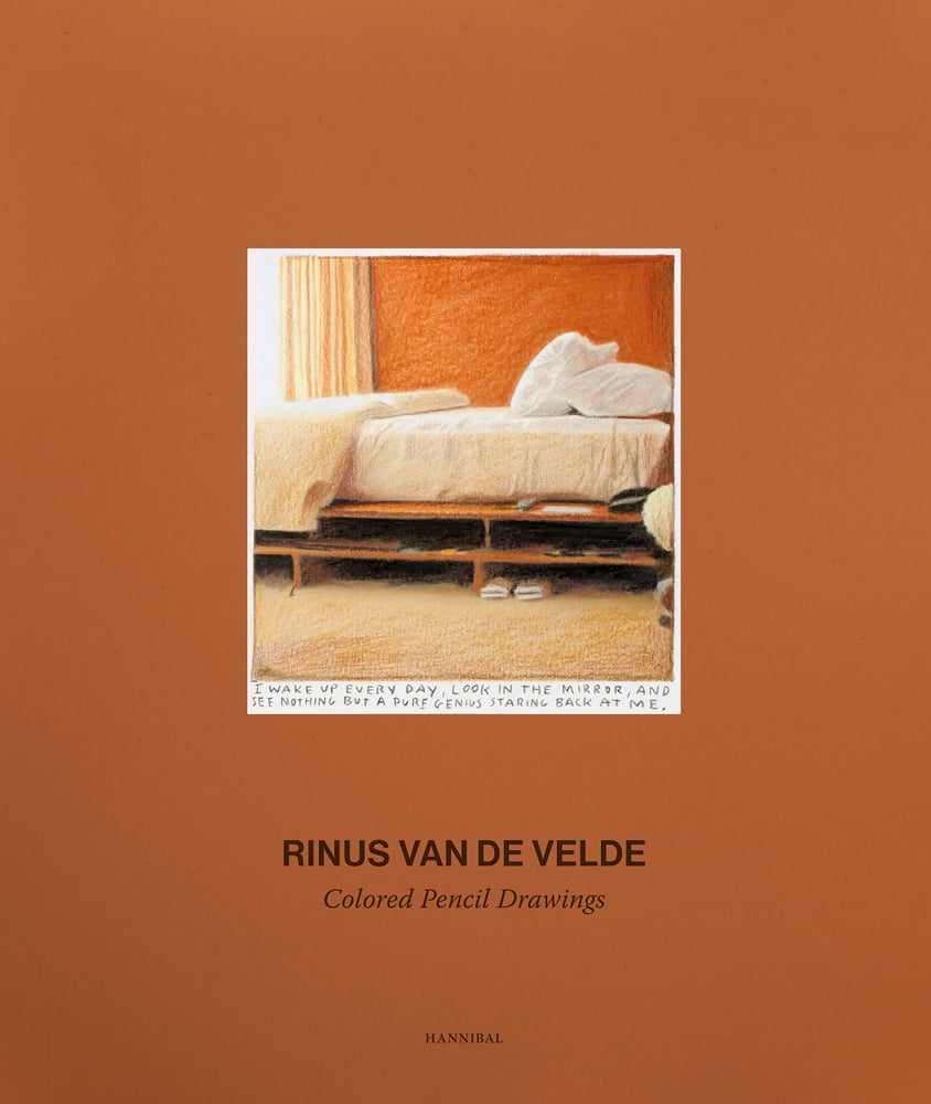 Color drawing of unmade bed, on tan brown cover of 'Rinus Van de Velde', by Hannibal Books.