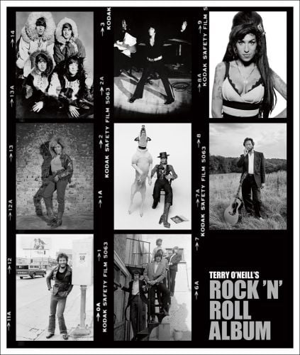 Black and white photo montage of eight portraits of rock n roll stars including The Beatles and Amy Winehouse with Terry O'Neill's Rock 'n' Roll Album in white and grey font
