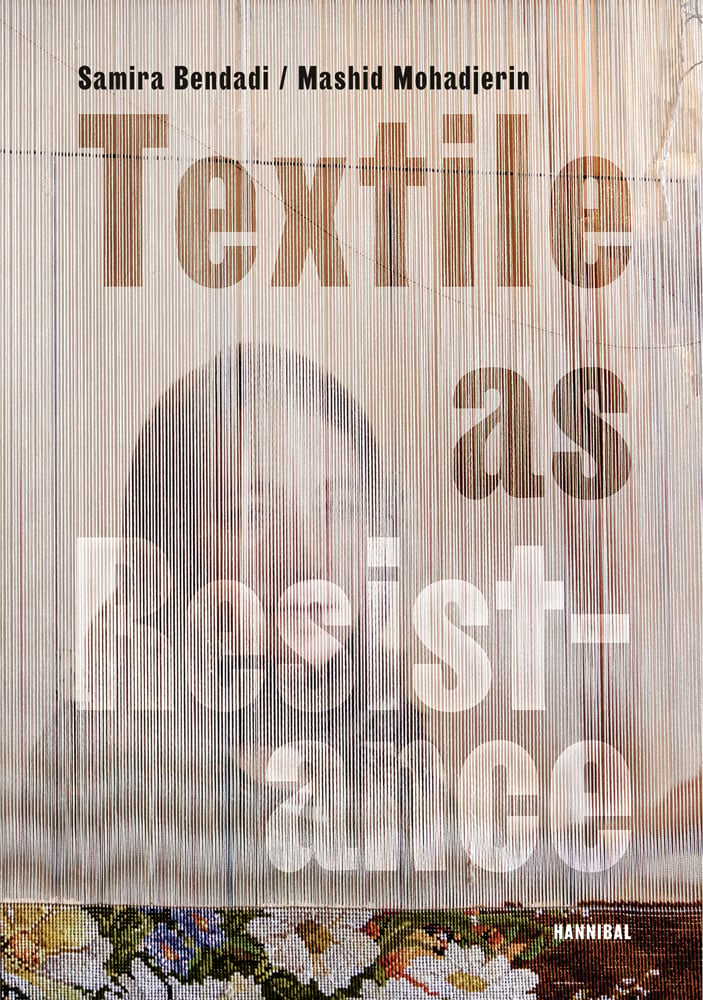 Textile as Resistance in brown and white font, women behind creating a tapestry.