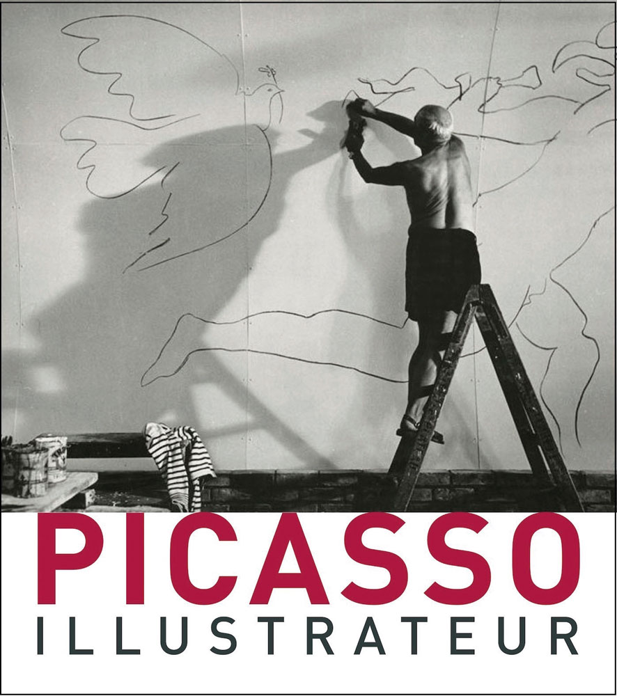 Black and white shot of Picasso on ladder, drawing on studio wall, Picasso illustrateur in pink and grey font on a white banner below.