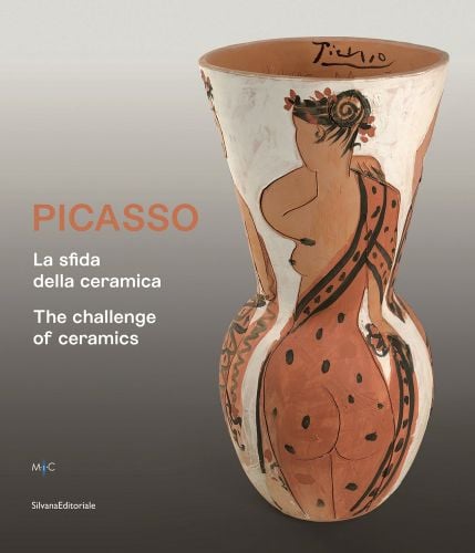 The four season ceramic vase by Pablo Picasso with back of nude female figure on front, grey cover, PICASSO The challenge of ceramics in orange and white font to centre left.