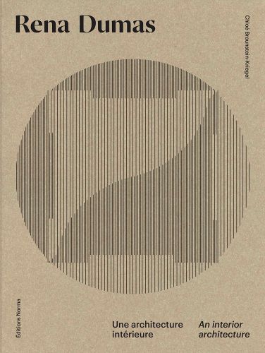 Square pattern made of vertical lines with circle behind, on brown cover of 'Rena Dumas, An Interior Architecture', by Editions Norma.