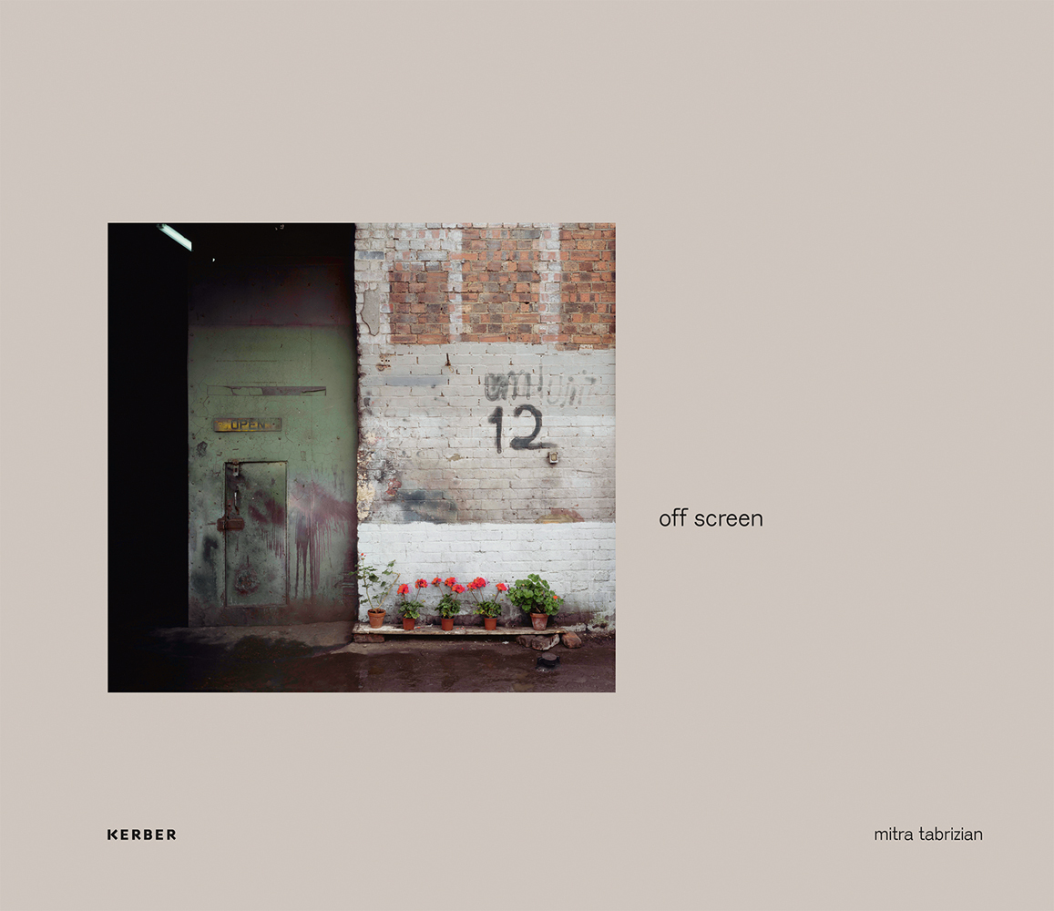 Brick wall with graffitied no. 12 in black, line of potted flowers below, on pale grey cover off screen mitra tabrizian in small black font.