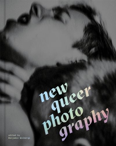 Black and white shot of male receiving pleasure, new queer photography in pale rainbow font below.