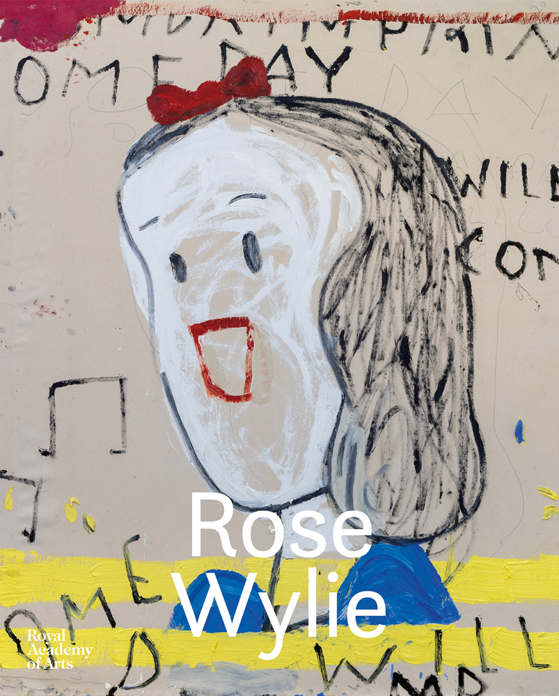 Naïve painting of child, black hair with red bow, on unprimed canvas, Rose Wylie in white font below