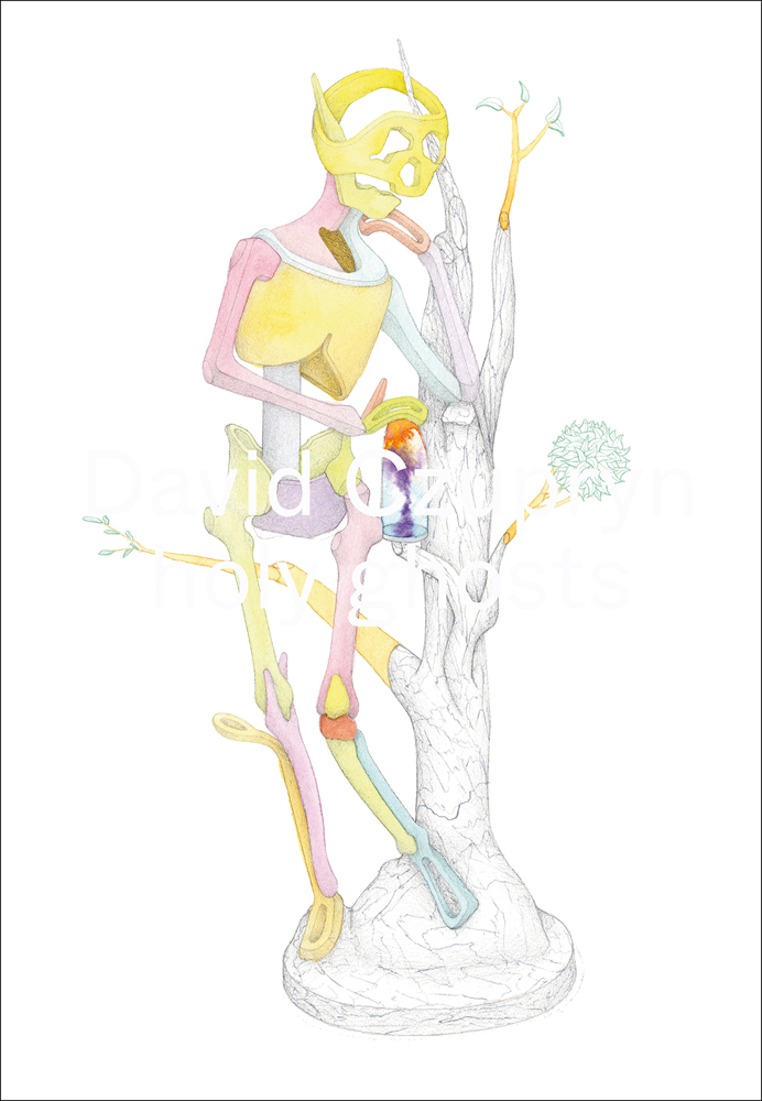 White book cover of David Czupryn, Holy Ghosts, with painting of skeletal figure made of colour shapes standing on tree sculpture. Published by Verlag Kettler.