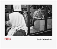 White landscape book cover of Harald Schwertfeger, Polis, with lady in white head scarf walking past shop window, boy staring out. Published by Verlag Kettler.