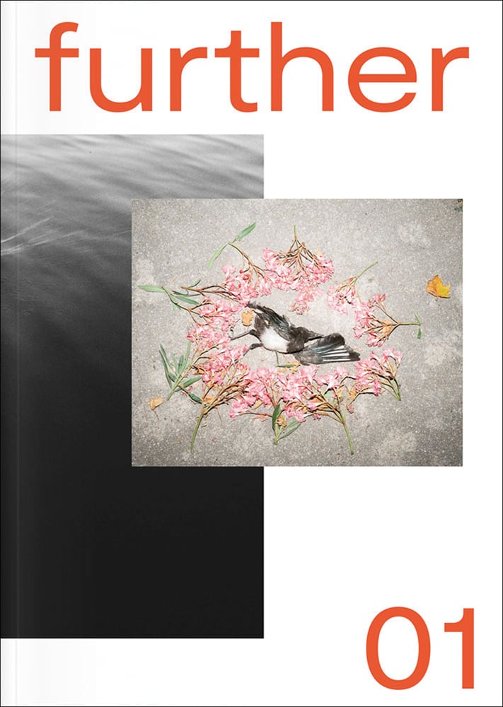 Book cover of further 01, Fotobus Society, featuring a dead bird circled by pink flowers. Published by Verlag Kettler.