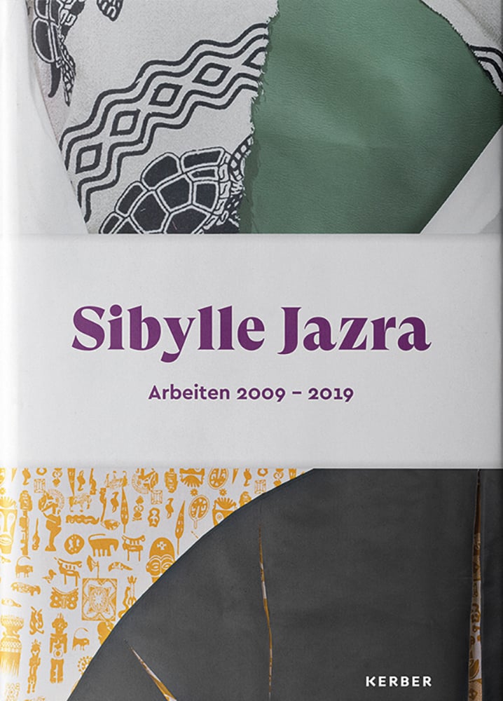 Sections of fabric with various prints, Sibylle Jazra Arbeiten 2009-2019 in purple font to white centre banner.