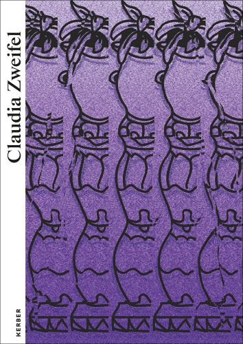 Purple and black inkjet print of repeated vase image with leaf foliage, Claudia Zweifel in black font to left white border.