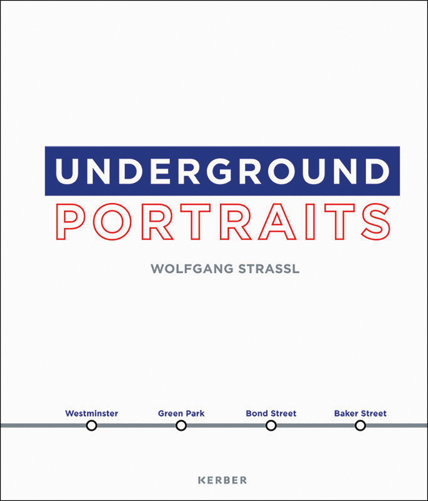 Grey Jubilee line, Westminster, tube stop, UNDERGROUND PORTRAITS, in blue, white and red font, Wolfgang Strassl in grey font below