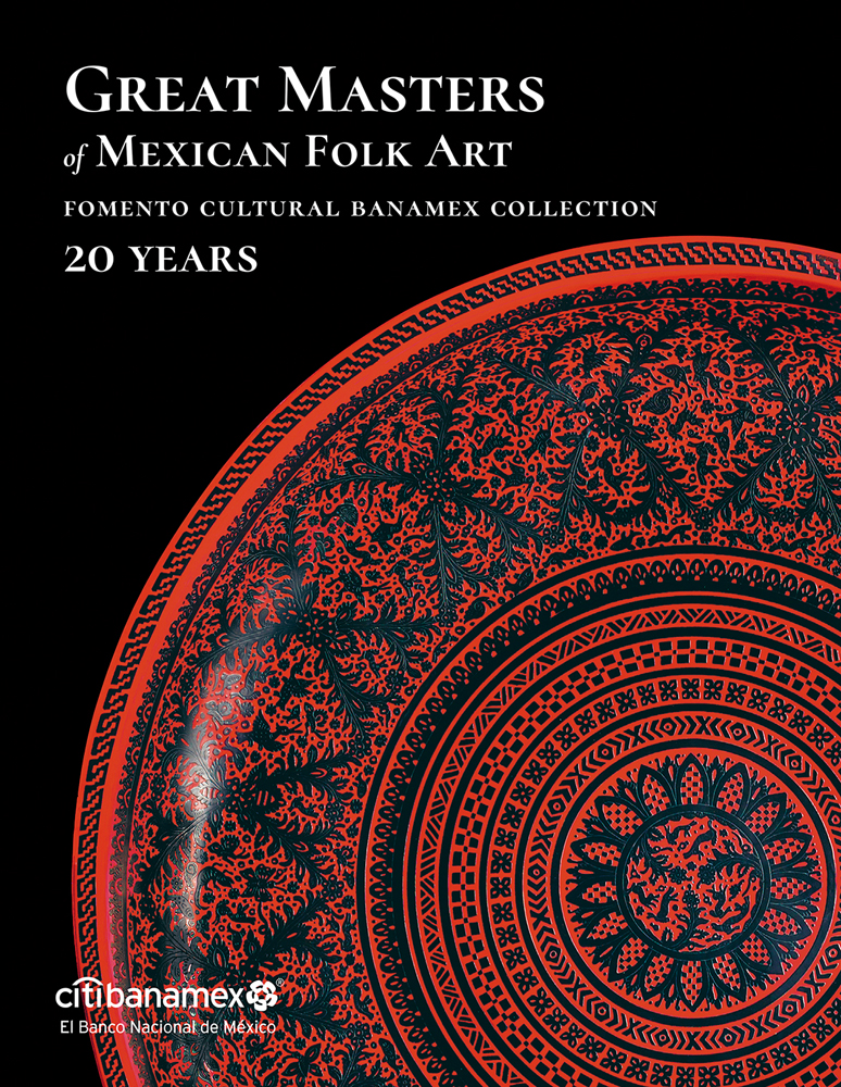 Decorative black and red plate, black cover, Great Masters of Mexican Folk Art Formento Cultural Banamex Collection 20 years in white font above.