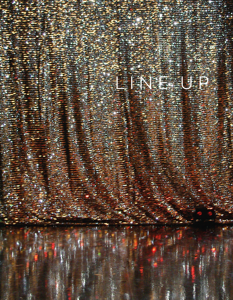 Book cover of Line Up: The silence of the moment, with a shiny, gold curtain and stage. Published by Seltmann Publishers.