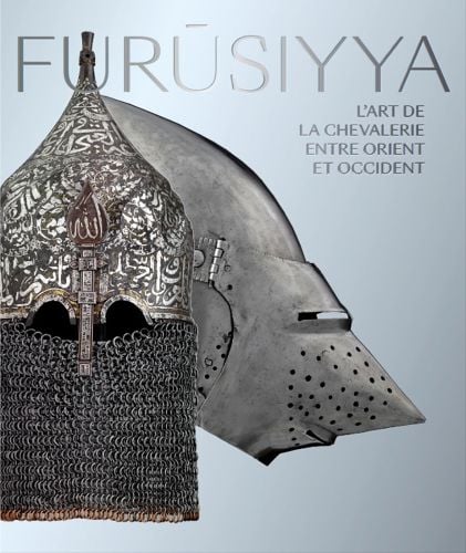 Knight's helmet with chain mail neck defence, pale grey cover, FURUSIYYA in silver font above.