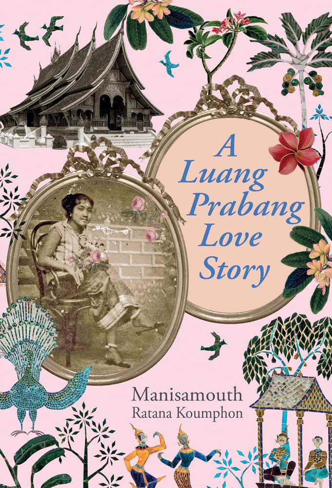 Kham-Phiou sitting in chair, Thai temple, frangipani flowers, to cover of 'A Luang Prabang Love Story', by River Books.