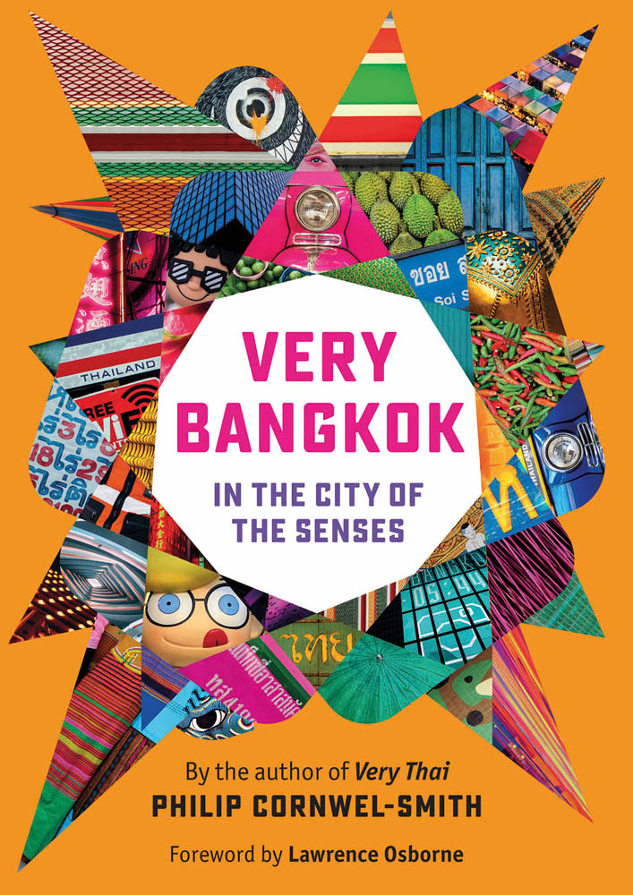 Book cover of Very Bangkok, In the City of the Senses, with sections of brightly colored travel photography. Published by River Books.