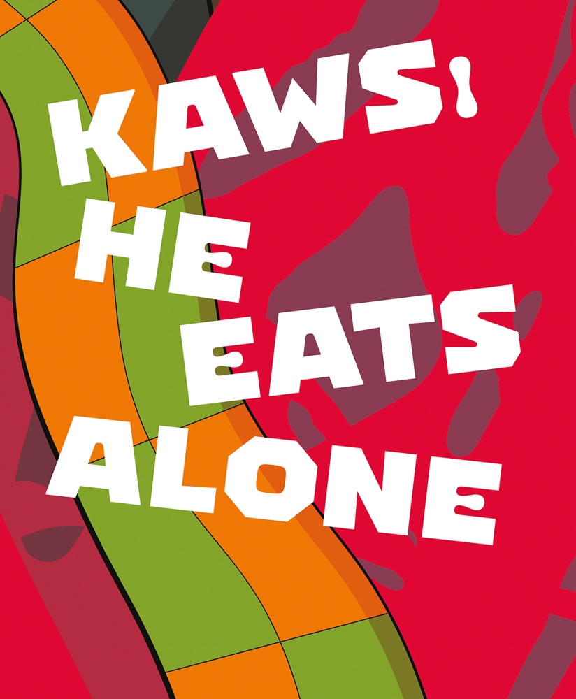 Red cover with orange and green tiled snake like shape, KAWS! HE EATS ALONE in white font cross front.
