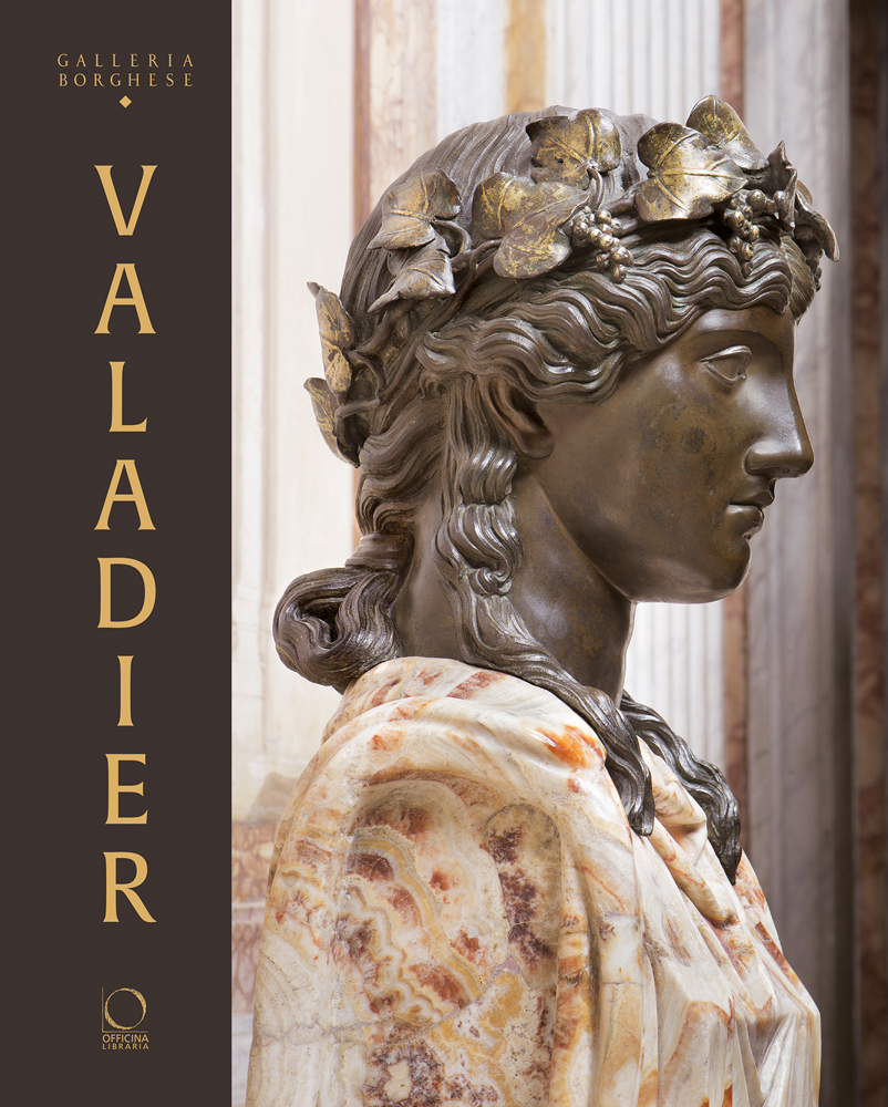 Female bronze and marble bust, ring of ivy on head, Valadier in gold font down left brown border.