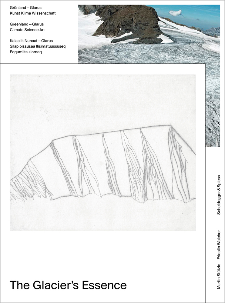 Sketch of glacier on white cover, snowy mountain, The Glacier's Essence in black font below