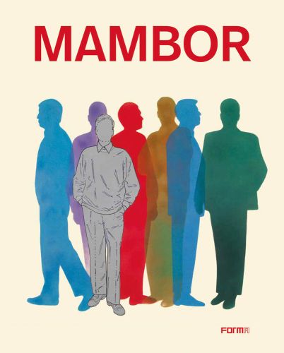 Seven coloured silhouettes of male figures, on cream cover of 'Mambor', by Forma Edizioni.