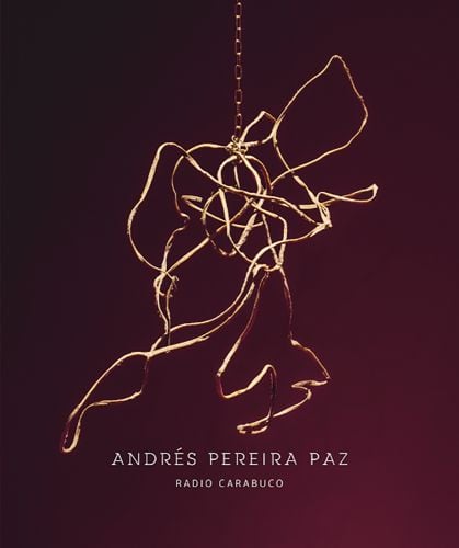 Abstract wire sculpture suspended by a chain, dark bronze cover, ANDRÉS PEREIRA PAZ RADIO CARABUCO in white font below.