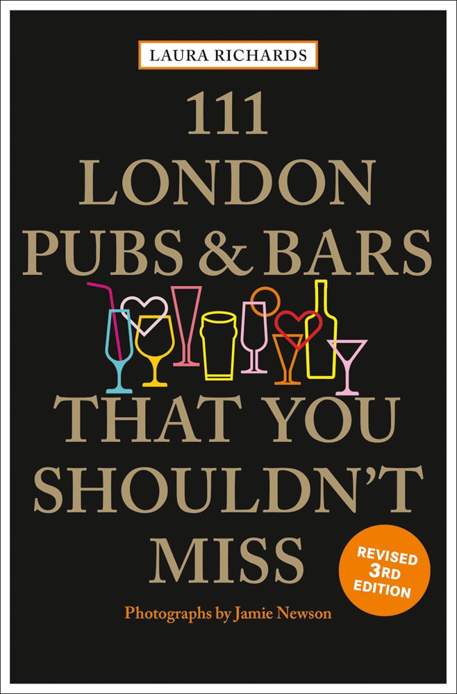 Colour outlines of drinking glasses in centre of black cover of '111 London Pubs and Bars That You Shouldn't Miss', by Emons Verlag.