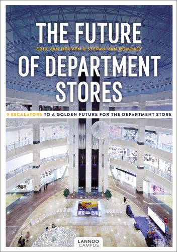Interior of luxurious department store with four floors, on cover of 'The Future of Department Stores, 9 Escalators to a Golden Future for the Department Store', by Lannoo Publishers.