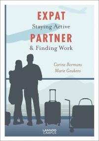 Silhouette of couple looking at planes taking off at airport, luggage around them, on cover of 'Expat Partner, Staying Active & Finding Work', by Lannoo Publishers.