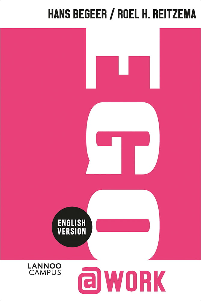 Pink and white cover of 'Ego@WORK, (English version) by Lannoo Publishers.