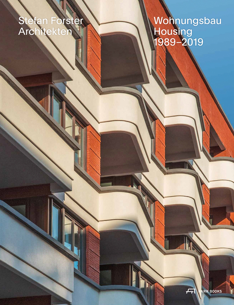 Side façade of residential complex with roof terraces and balconies, Stefan Forster Architekten in white font to upper left.