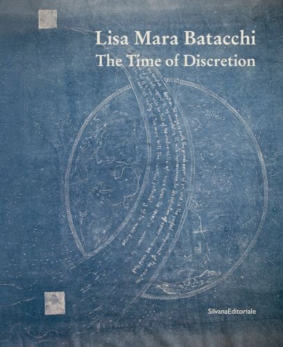 Lisa Mara Batacchi The Time of Discretion in cream font to top of blue fabric printed with globe like shape.