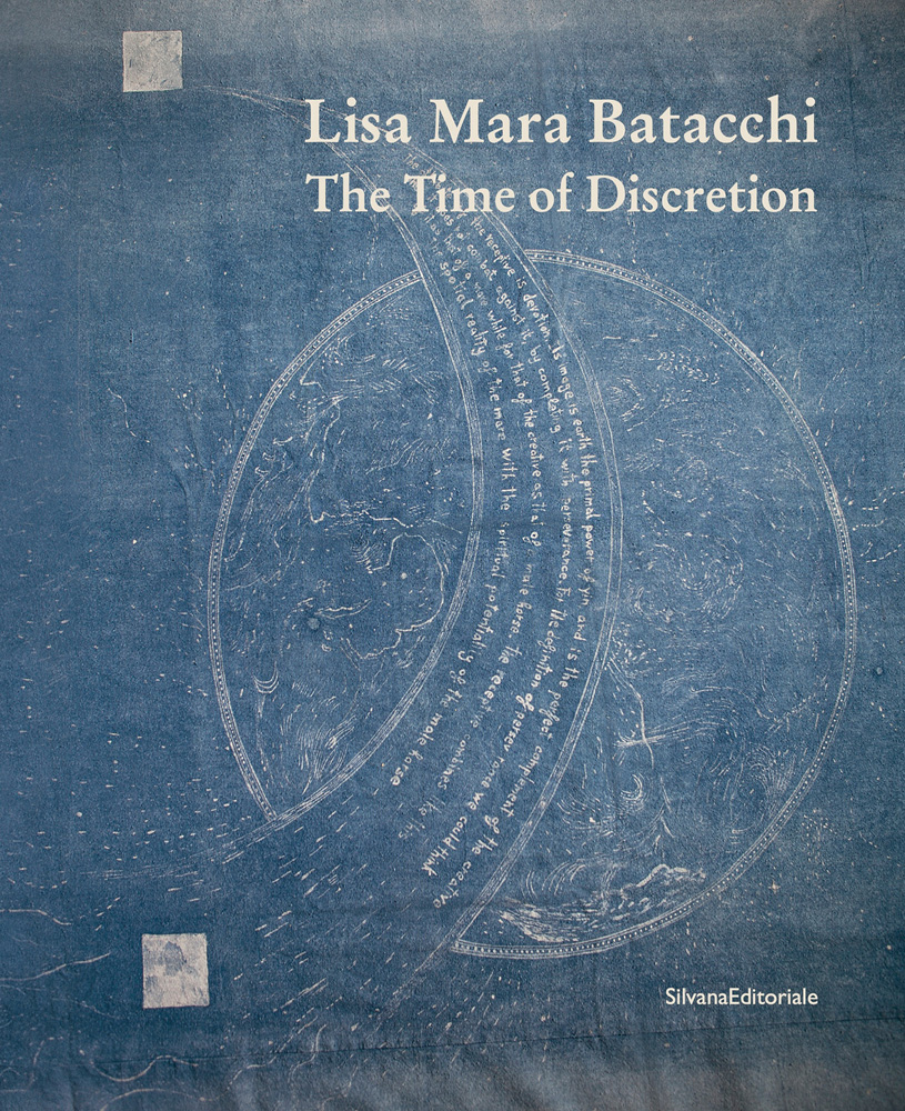 Lisa Mara Batacchi The Time of Discretion in cream font to top of blue fabric printed with globe like shape.