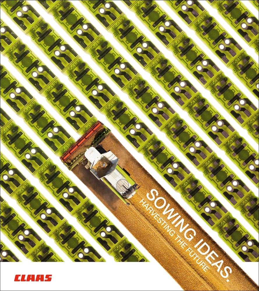 Aerial photograph of a combine harvester driving through green circuit board graphic, Sowing Ideas Harvesting the Future in white font to bottom right.
