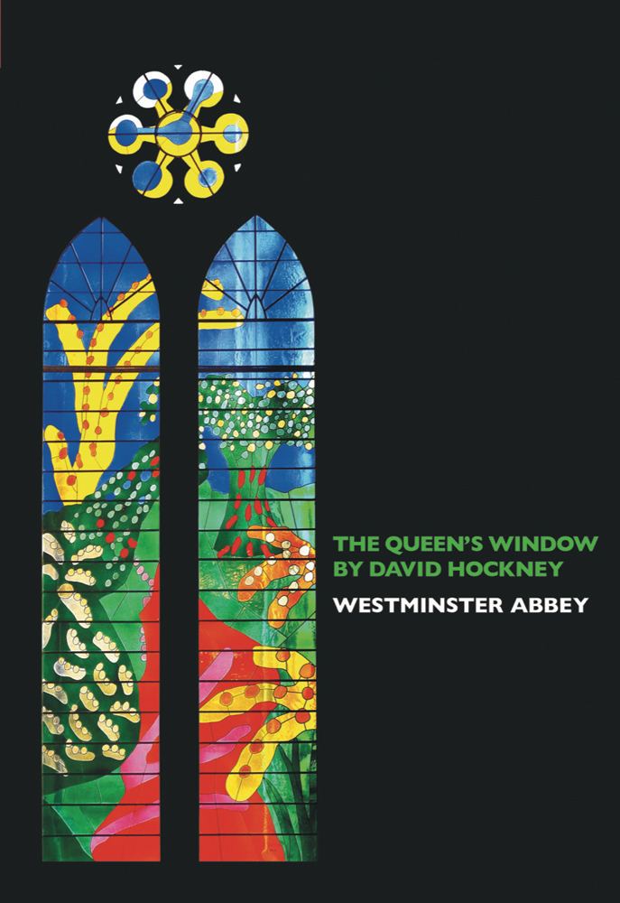 Stained glass design by David Hockney, The Queen's Window on black cover, The Queen's Window by David Hockney Westminster Abbey in green and white font to right