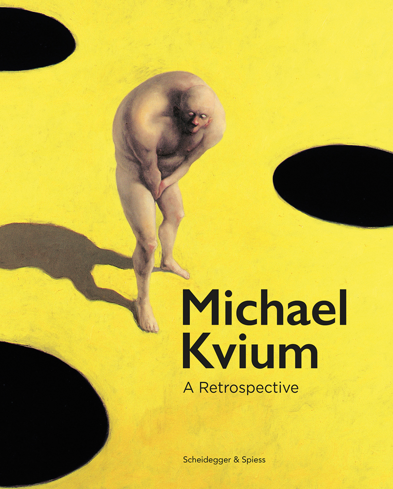 Hunchbacked nude male covering genitals, yellow cover with 3 black holes, Michael Kvium A Retrospective in black font to lower right