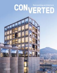 Modern high rise building of Zeitz MOCAA museum with geometric panelled glass, on cover of 'Converted. Reinventing architecture', by Lannoo Publishers.