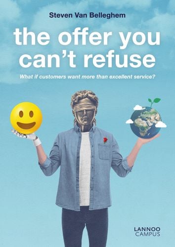 Male in denim shirt, bronze sculpture for head, holding smiling yellow emoji in one hand and earth in the other, on blue cover, 'The Offer You Can't Refuse', by Lannoo Publishers.
