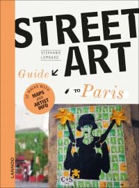 Black graffiti stencil of female in bowler hat holding 2 guns, 2 yellow flowers on barrels, on cover of 'The Street Art Guide to Paris', by Lannoo Publishers.