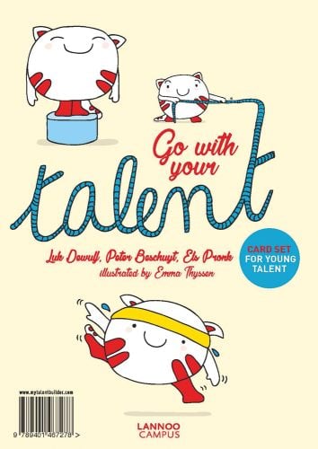 Three white cartoon cats in competitive action, on cream cover, on 'Go With Your Talent, Card Set for Young Talent', by Lannoo Publishers.